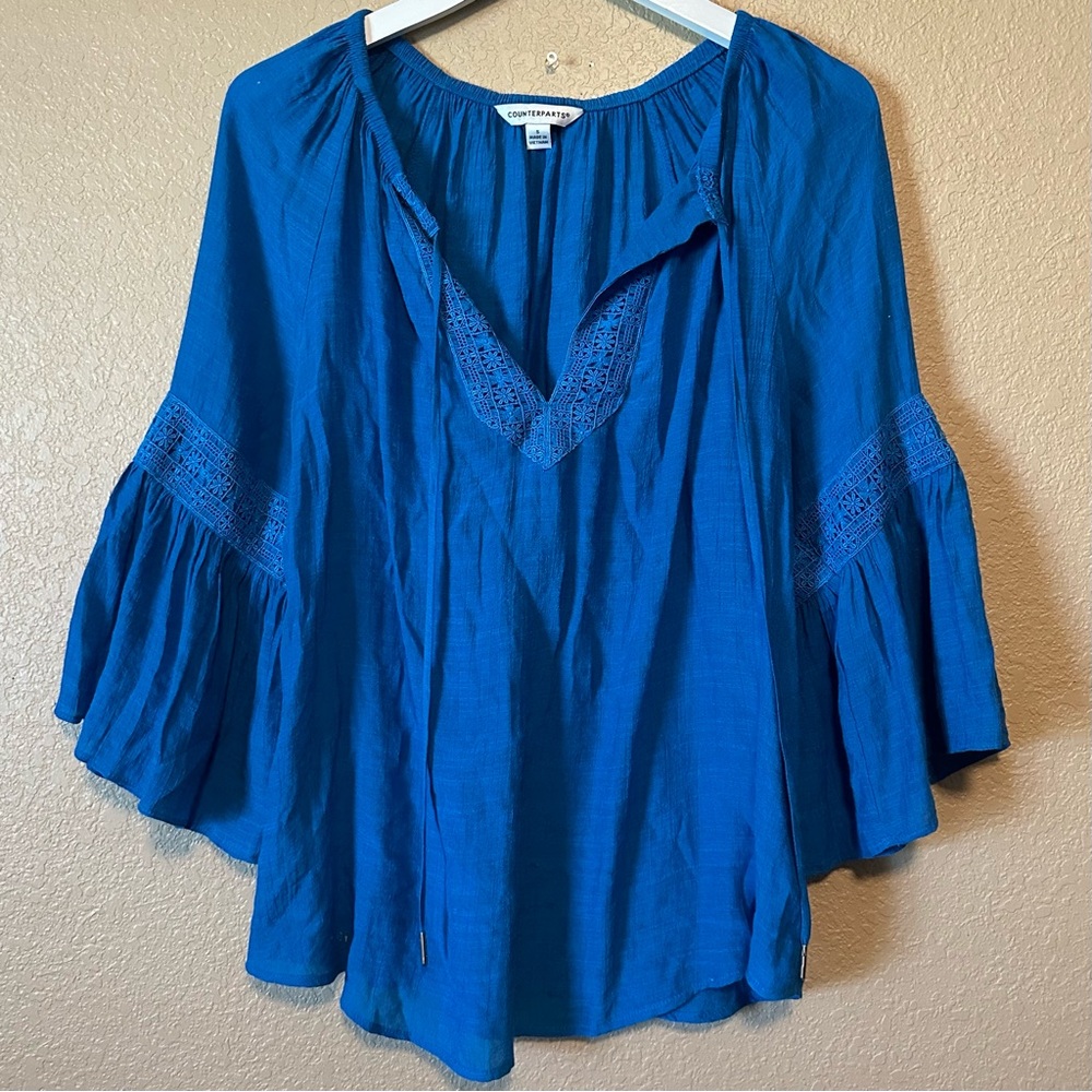 Counterparts S Small top Teal Long Sleeve Peasent V Neck Boho Shirt NWOT